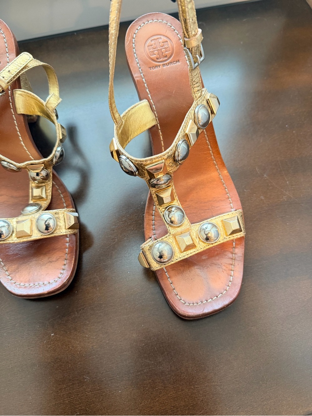 Tory Burch Gold Leather Studded T-Strap Slingback Sandals - Picture 2 of 8